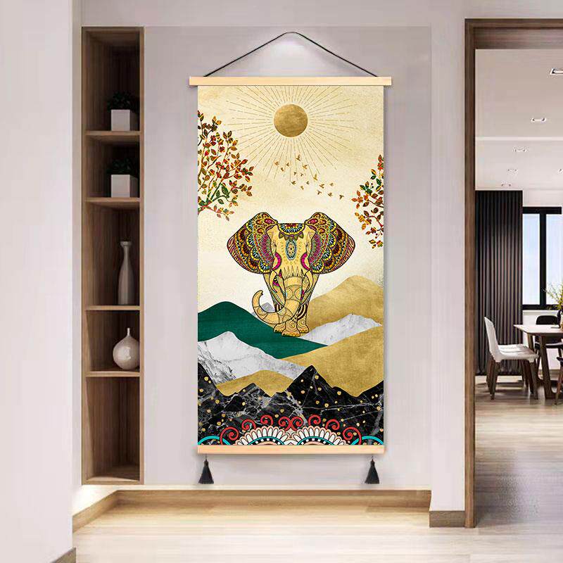 北欧玄关入户吉象招财装饰画欧式挂画客厅吉祥壁画油画布墙画走廊
