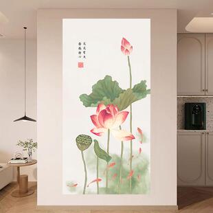 红莲九鱼图新中式荷花入户玄关装饰画 画莲莲有鱼客厅过道壁贴画