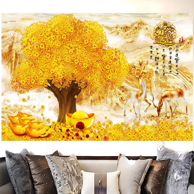 发财摇钱树黄金树招财画墙贴装饰画自粘家用背景墙贴纸画金色麋鹿