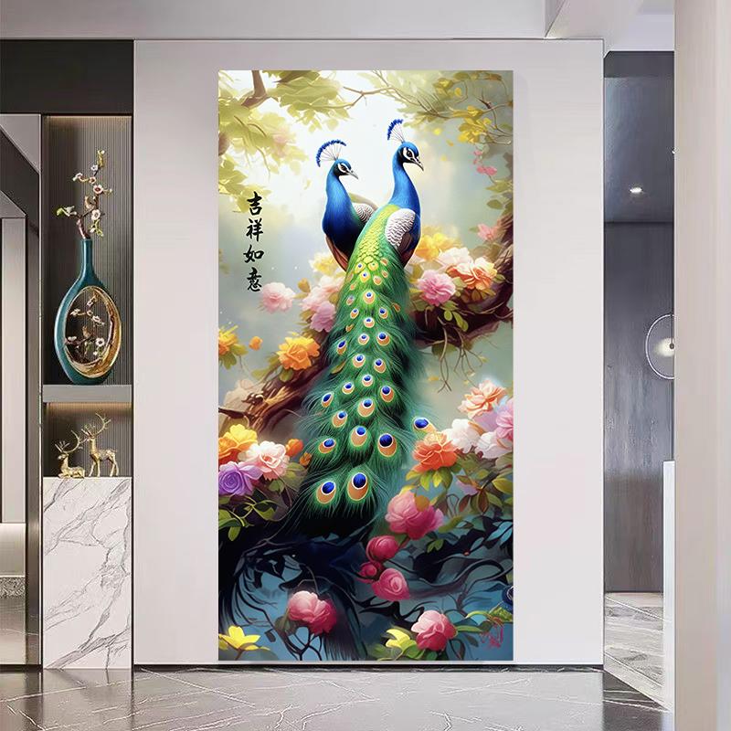 吉祥如意孔雀图现代简约轻奢风入户玄关装饰画花开富贵客厅自贴画图片