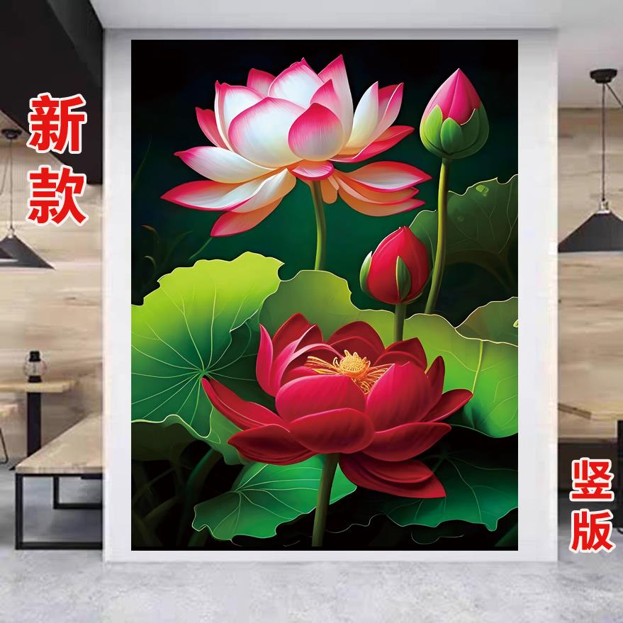 荷花荷叶办公室客厅背景墙装饰画莲花生财山水招财壁画海报贴纸画图片