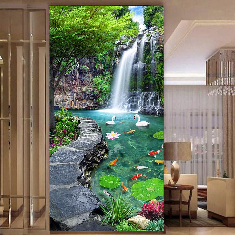 现代小溪瀑布流水生财风景玄关装饰画九鱼荷花天鹅客厅书房墙贴画图片