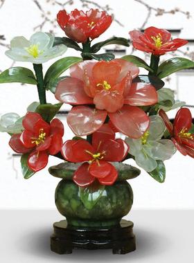 玉器中式风格茶花摆件客厅家居饰品玉石雕刻花玄关电视柜植物盆栽