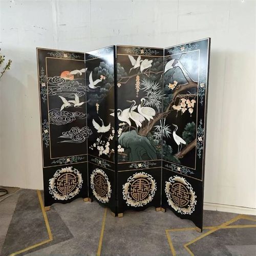 定制黑底中古花鸟屏风漆画 画手绘移动折屏客厅卧室玄关隔断沙发
