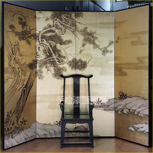 漆画松树屏风新古典手绘金箔装 新中式 饰画客厅酒店背景屏折叠落地