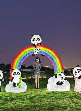 玻璃钢卡通熊猫发光雕塑售楼部景区商场彩虹秋千座椅网红打卡摆件