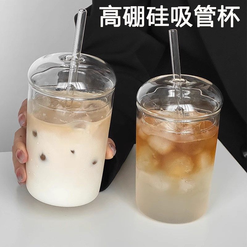 ins风大容量吸管杯带盖玻璃杯高硼硅果汁饮料杯冰美式拿铁咖啡杯