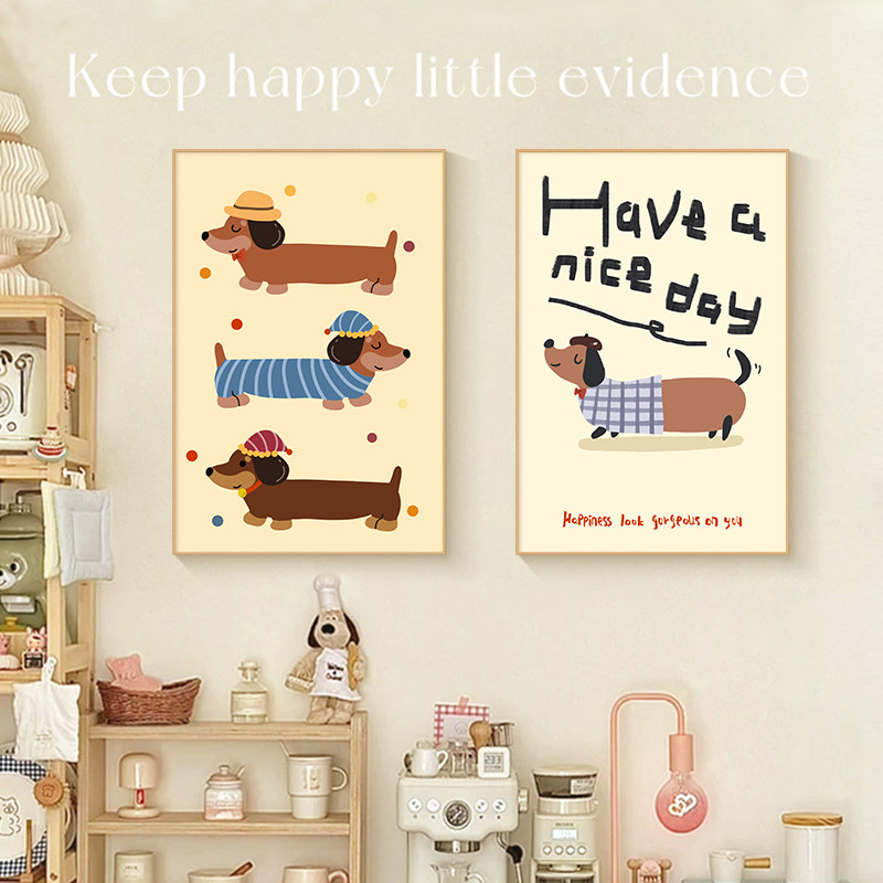 奶油原木风餐厅装饰画可爱卡通狗ins风儿童卧室床头挂画小众摆画,家居饰品,现代装饰画,淘宝优惠券,粉丝福利购,淘宝优惠卷