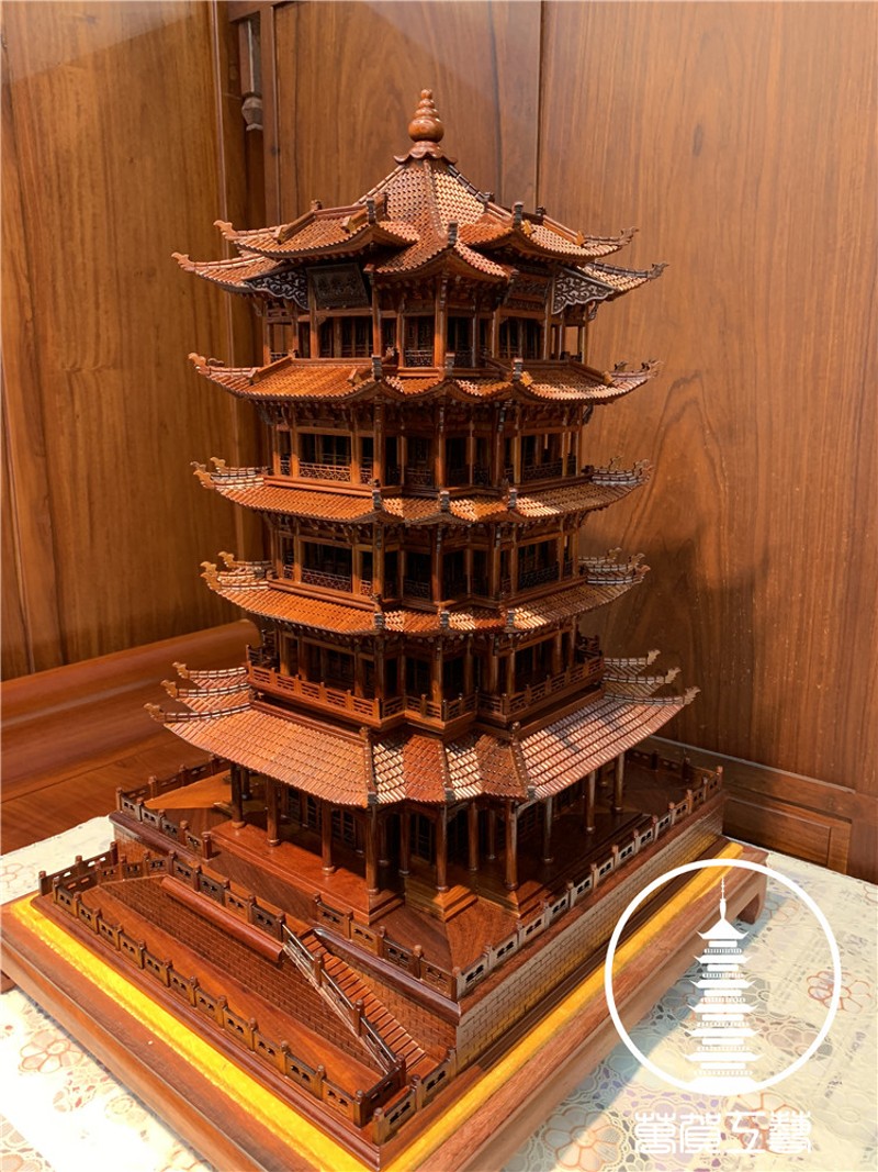 东阳木雕万贺工艺客厅办公室摆件礼品古建筑木质实木黄鹤楼模型