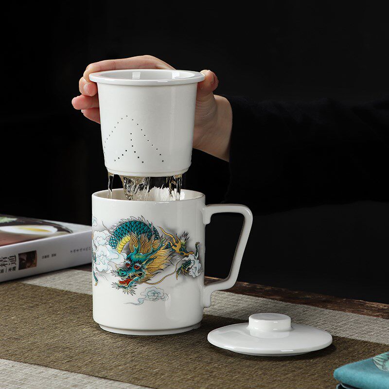 羊脂玉白瓷办公杯茶水分离陶瓷会议水杯定L制刻字大容量马克杯带
