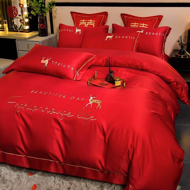 婚庆四件套大红色新婚床单被套婚嫁婚礼婚房结婚被子喜被床上用品,床上用品,床品套件/四件套/多件套,淘宝优惠券,粉丝福利购,淘宝优惠卷