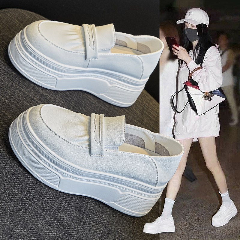 内增高小白鞋女202n5春季新款百搭小个子松糕一脚蹬白色厚底乐福