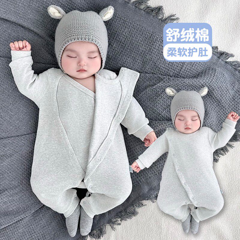 婴幼儿连体衣新生儿宝宝加厚秋冬B舒绒棉外出哈衣保暖护肚打底爬