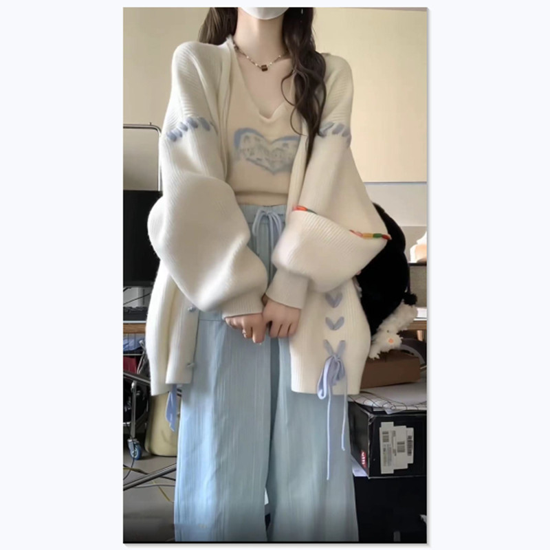 秋季新款可盐可甜炸街活泼v俏皮减龄学院风毛衣开衫阔腿裤两件套