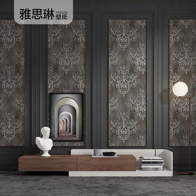 欧式大花深灰色宫廷风壁纸奢华大马士革奥斯龙无纺布墙纸2025新款,家装主材,PVC墙纸,淘宝优惠券,粉丝福利购,淘宝优惠卷