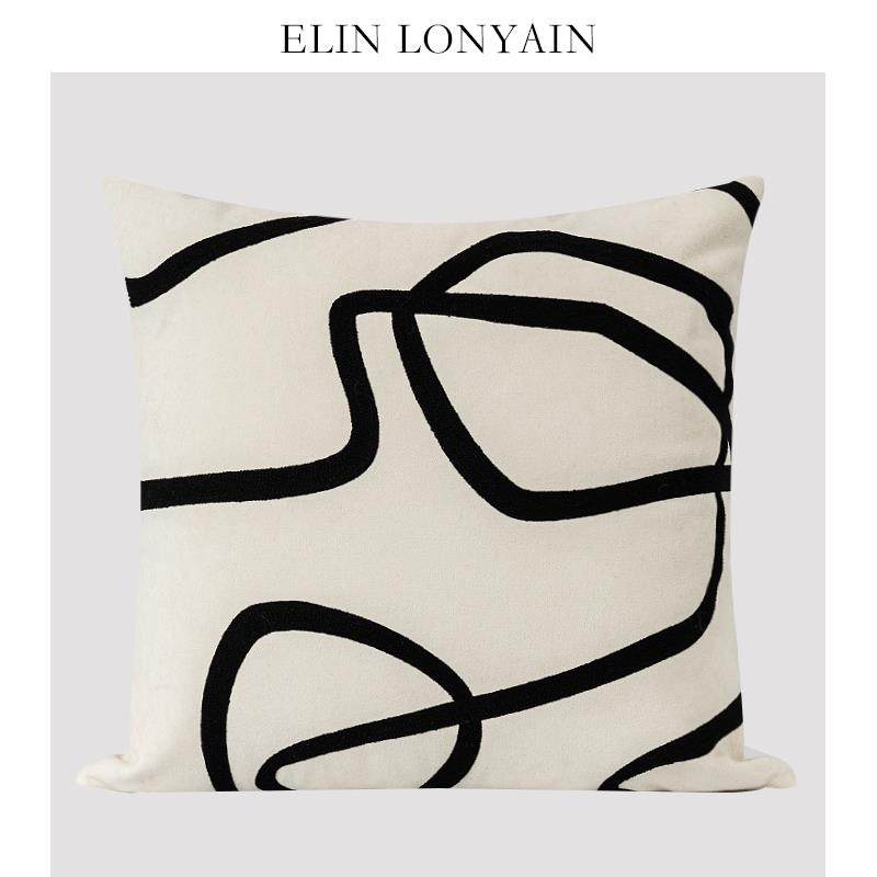 ELIN LONYAIN现代简约轻奢米黑色绣线抽象抱枕样板房设计师方枕