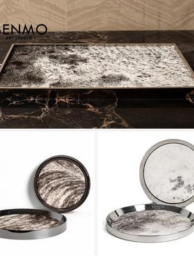 本墨 现代轻奢金属黑白马毛圆形托盘 样板间售楼处酒店衣帽间摆件