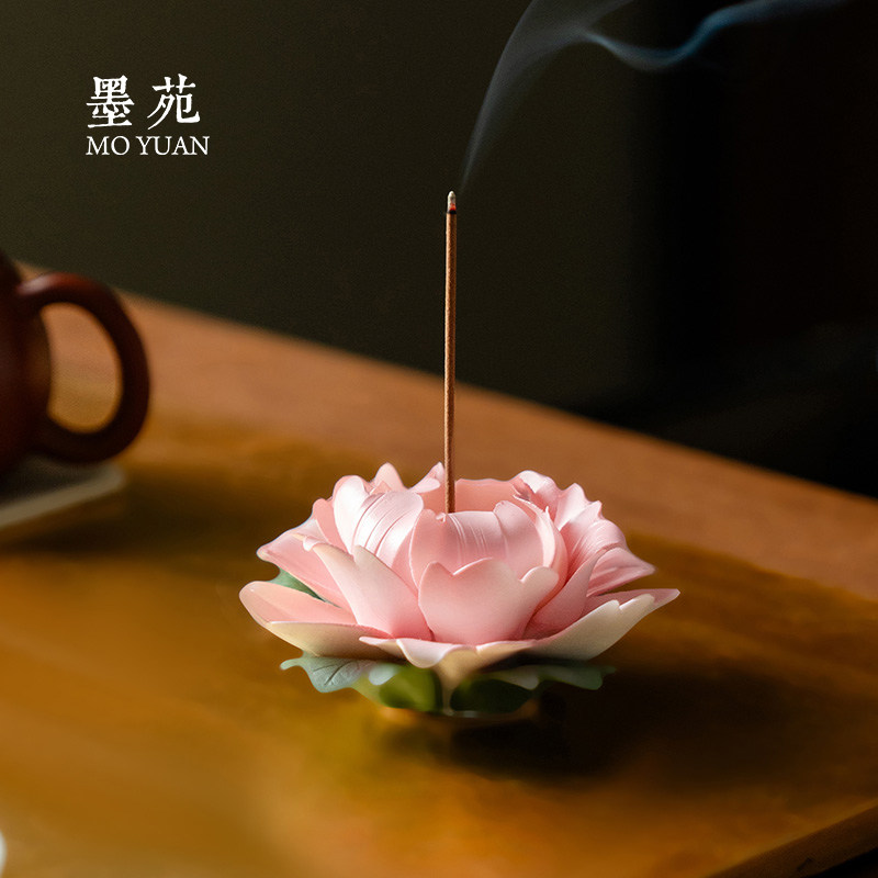 墨苑 花开富贵牡丹香插手捏陶瓷香插底座茶室桌面装饰品手工摆件