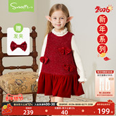 斯纳菲女童连衣裙25冬装 新款 儿童公主裙新年红色加绒拜年服背心裙