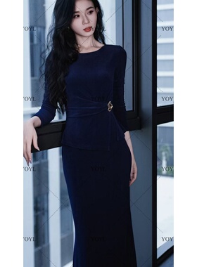 【yola】绉光秋季新款高级法式气质显瘦鱼尾连衣裙-YL11818