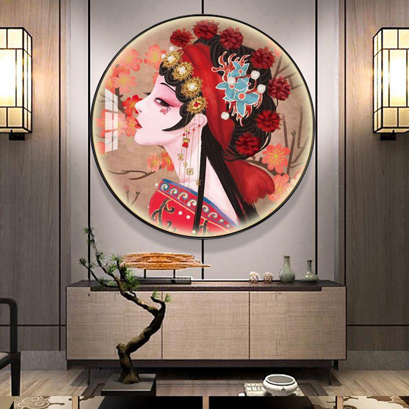国潮人物挂画中国风餐厅墙画中式京剧花旦带灯壁画圆形脸谱装饰画