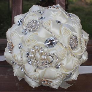 新娘手捧花浪漫新娘手捧花束杏色奶婚庆花束水钻花18厘米W282