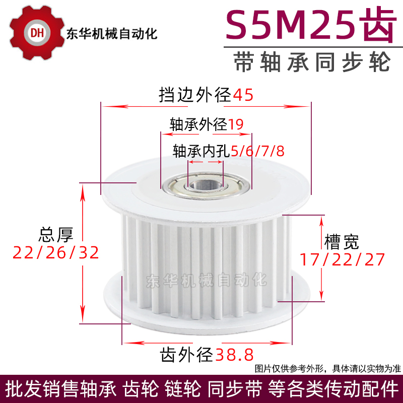 S5M带轴承同步轮S5M25齿 内孔5/6/7/8 调节指向轮 槽宽17/22/27