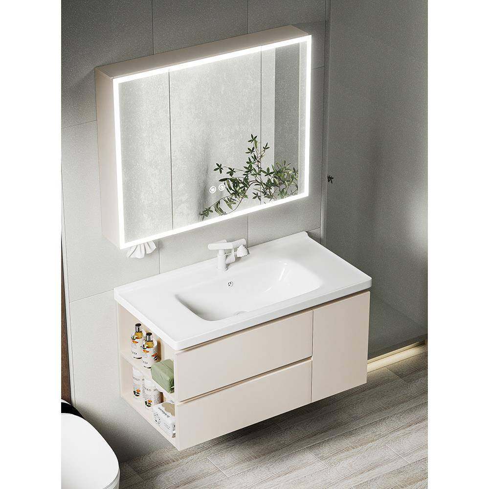 奶油风浴室柜组合带抽屉侧边收纳卫生间洗漱台陶瓷一体洗脸洗手盆,家装主材,浴室柜组合,淘宝优惠券,粉丝福利购,淘宝优惠卷