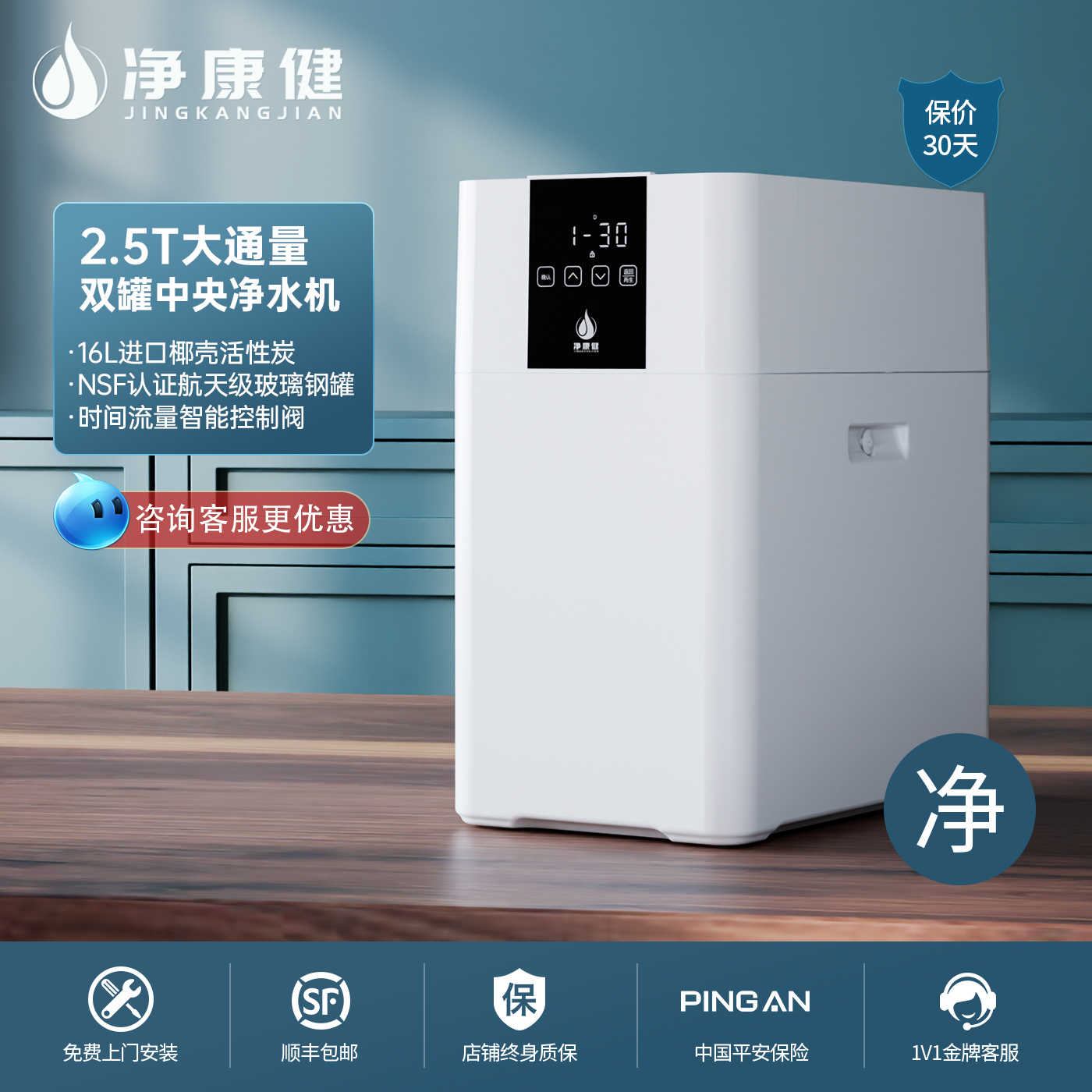净康健中央净水器 双罐大流量厨下家用净水机全屋自来水过滤系统