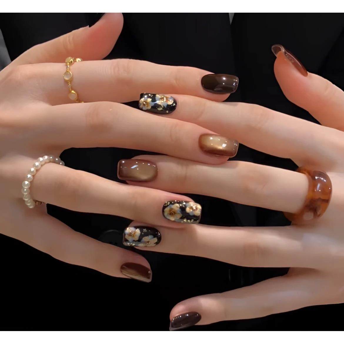 【繁花】秋冬纯手工复古金花高级猫眼穿戴甲气质短款日常美甲可拆,彩妆/香水/美妆工具,穿戴甲/甲片,淘宝优惠券,粉丝福利购,淘宝优惠卷