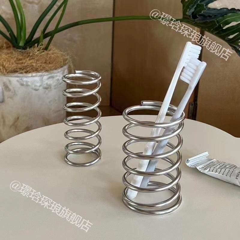 置物架收纳筒牙刷座不锈钢牙刷架化妆刷简约螺旋透气ins弹簧
