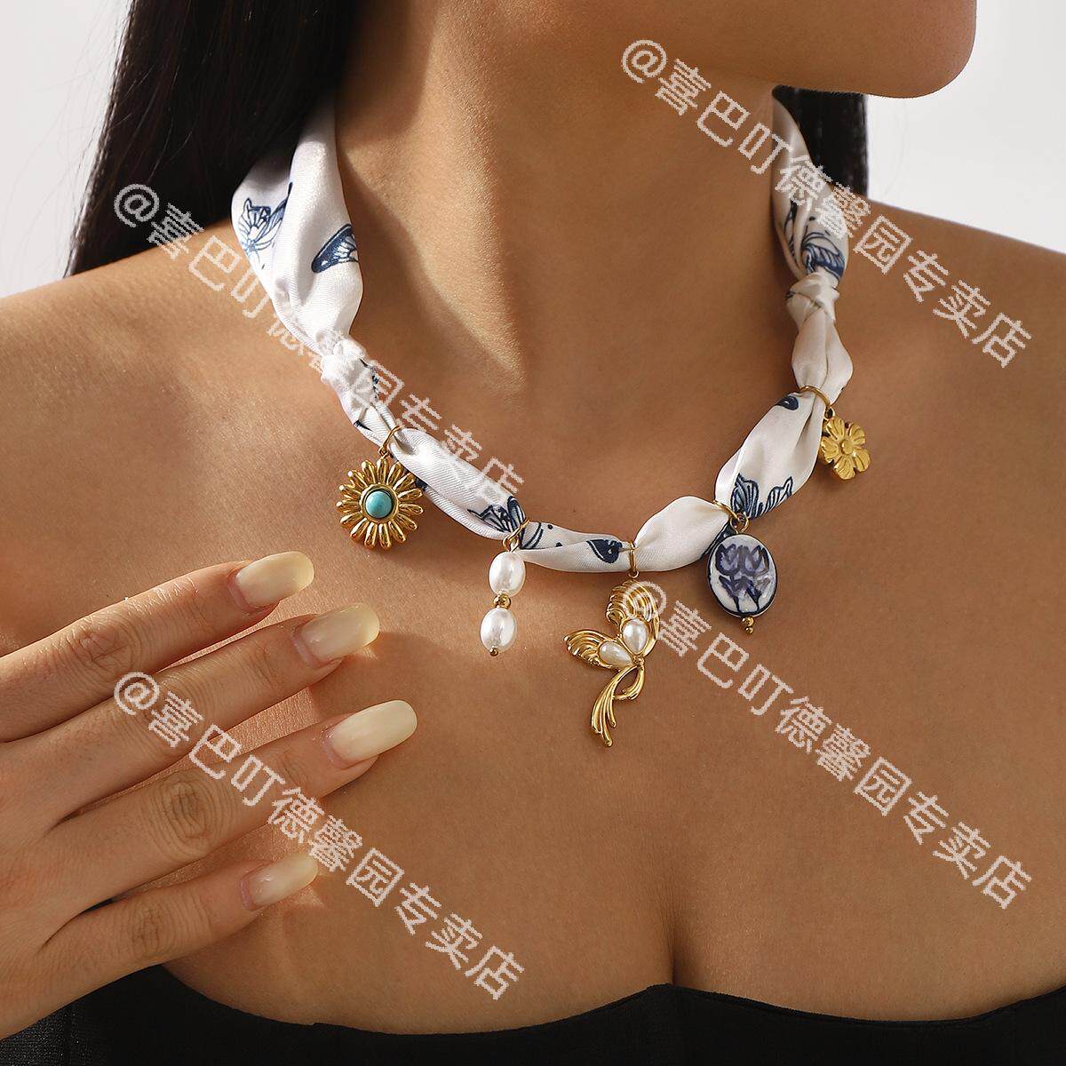 多吊坠百搭清新花朵吊坠丝带项链夏季蝴蝶贝壳丝绸饰品文艺丝巾
