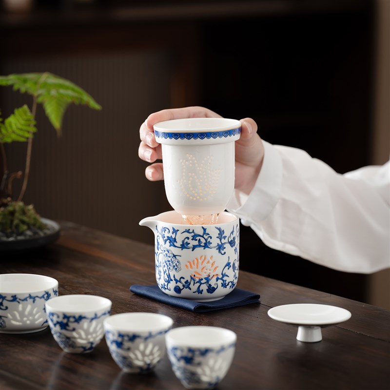 青花玲珑瓷旅行茶具套装家用茶壶茶水分离便捷式户外收纳送礼茶器
