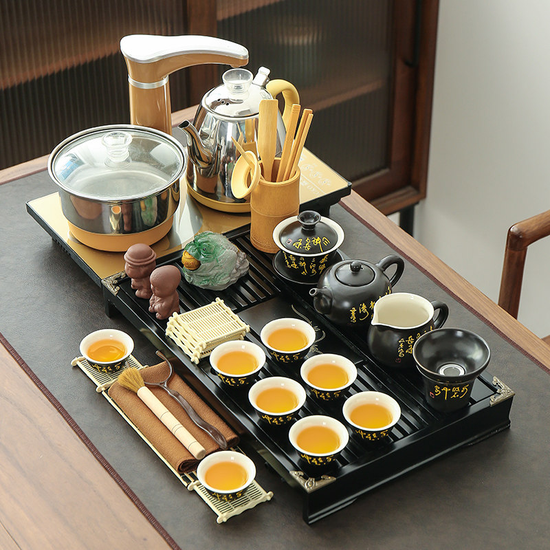 整套全自动功夫茶具套装家用实木茶盘组合四合一电热磁炉茶海茶台