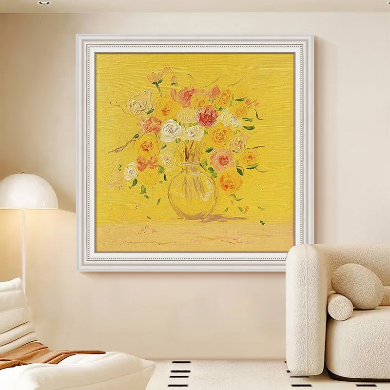 奶油风黄色肌理客厅装饰画暖色花卉手绘油画植物玄关挂画餐厅壁画