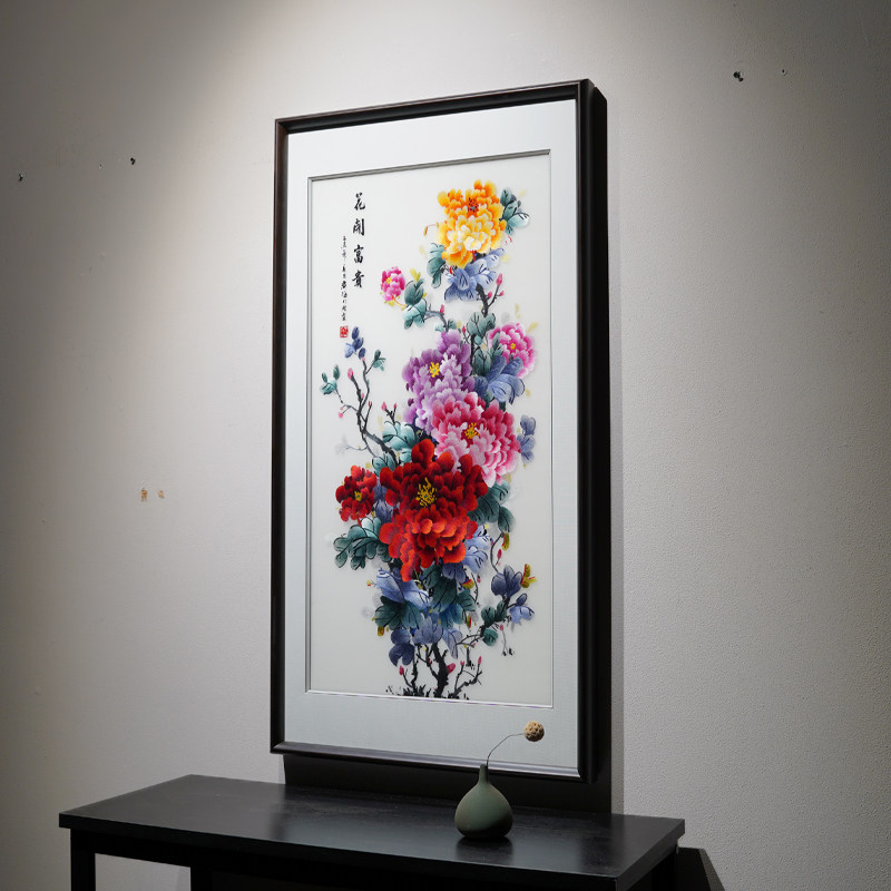 苏绣成品挂画玄关客厅竖版牡丹图新中式纯手工刺绣定制高端装饰画