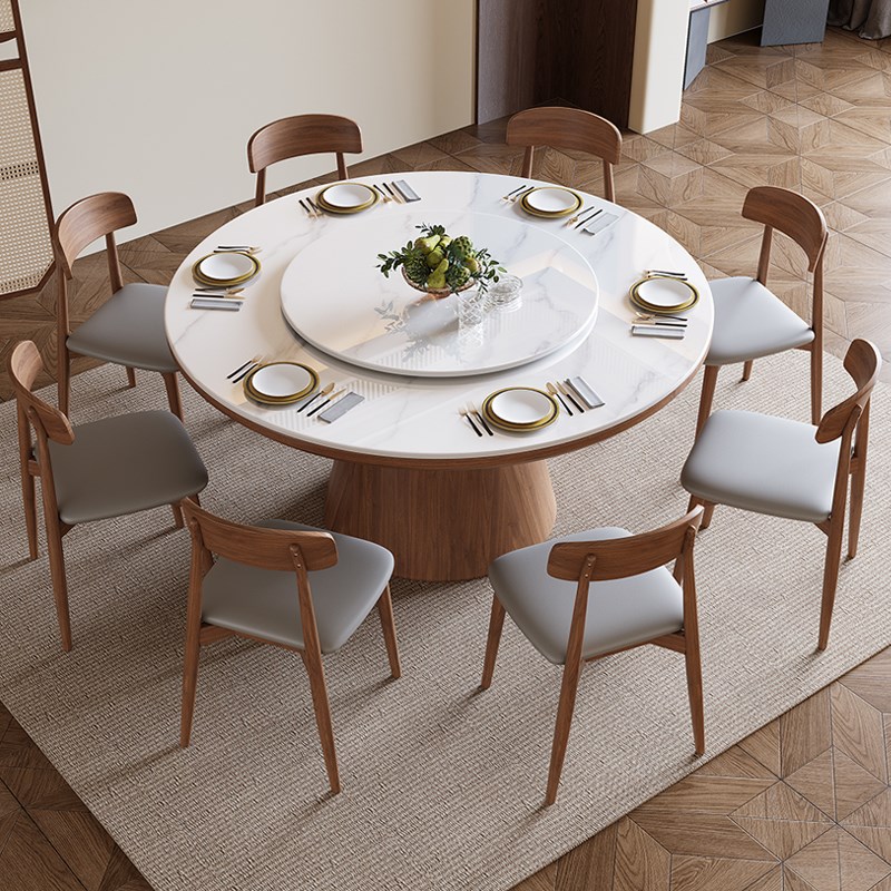 实木岩板圆桌餐桌椅组合现代简约家用饭桌带转盘大圆桌