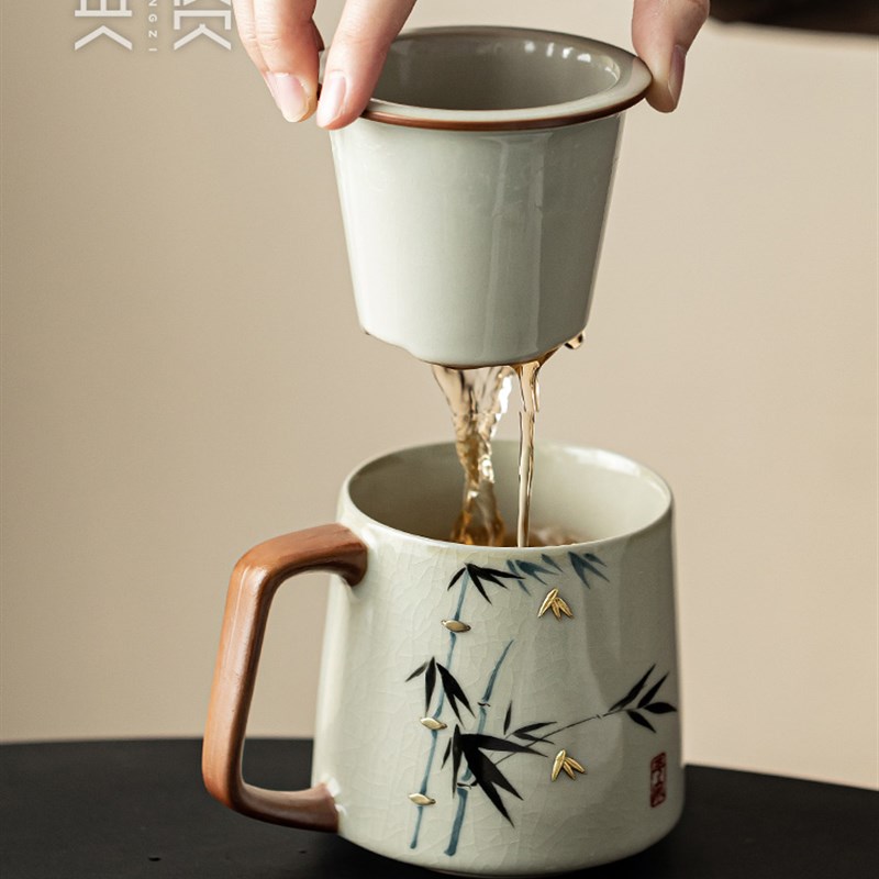 墨竹锔钉泡茶杯汝窑茶水分离水杯陶瓷办公内胆过滤茶杯伴手礼杯子