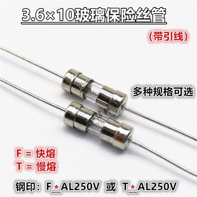 3.6*10玻璃保险丝管带引线快熔F慢熔T1A 2A 3 4 5 6 8A F10AL250V