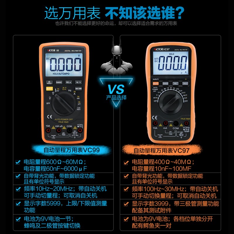 胜利万用表 新款自动量程数字万用表VC97 可测温度 频率 带背光