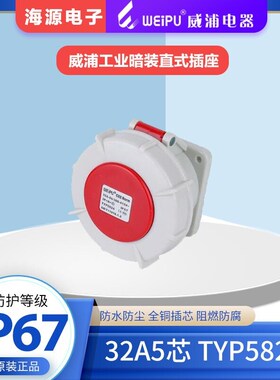 WEIPU威浦32A5芯防水航空插头工业暗装直式插座 TYP5824 380VIP67