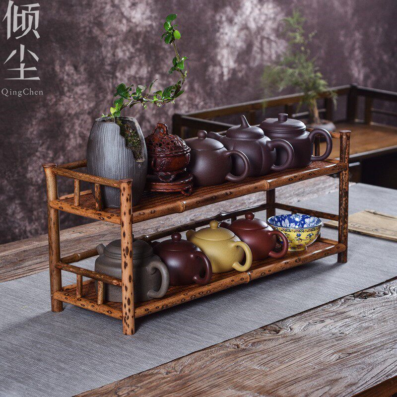 梅鹿竹双层壶架紫竹茶棚茶道收纳柜博古架小摆件茶杯架茶具置物架