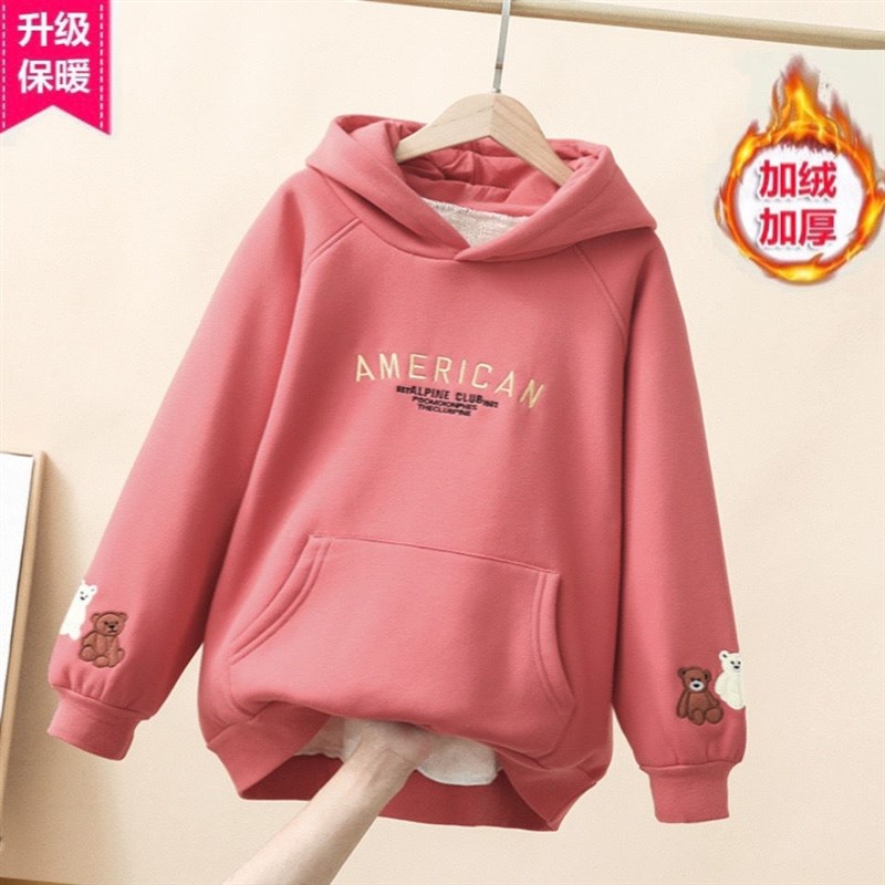 睿富女童加绒卫衣冬季2022新款洋气女大童一体绒上衣儿童女孩保暖