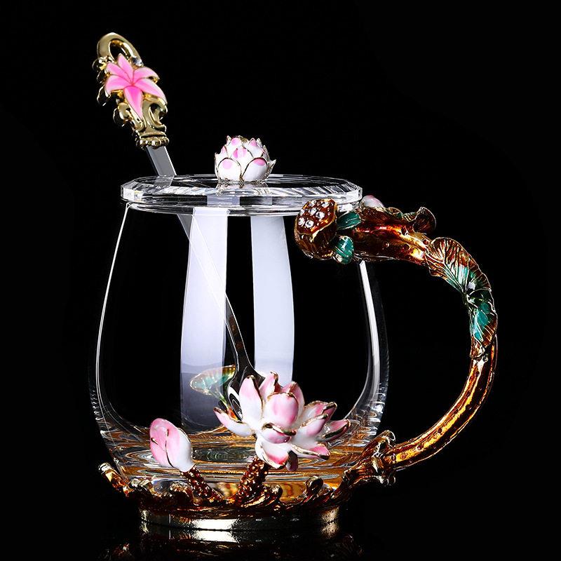 【天猫精选】茗茶珐琅彩水杯家用水晶玻璃杯子咖啡杯花茶杯女士创图片