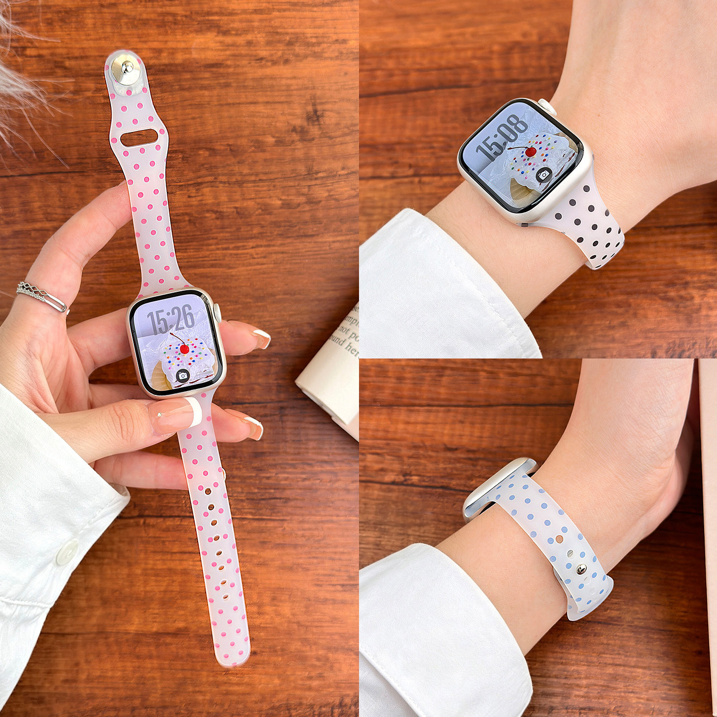 美派适用苹果手表S11波点硅胶表带S10运动透气腕带applewatchs9超好看显瘦小蛮腰8夏季SE女款