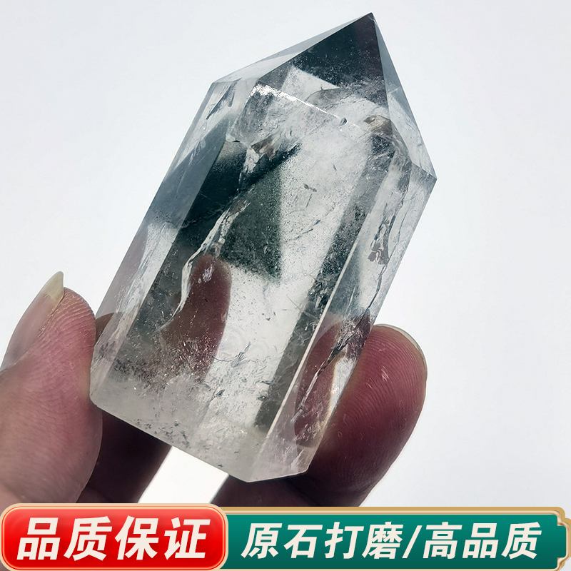 天然绿幽灵水晶柱子单尖六棱柱彩虹千层金字塔原石吊坠饰品小摆件