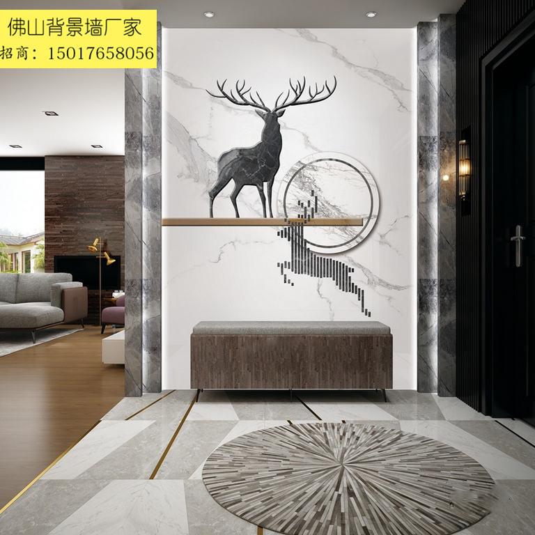 瓷砖画玄关背景墙岩板大理石微晶石雕刻3D立体过道简约新中式麋鹿