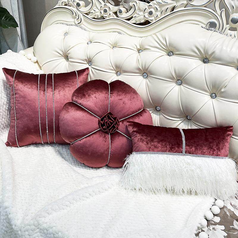 锦帛庄秀钻石抱枕欧式圆枕法式轻奢靠垫毛绒护腰长枕样板房枕套