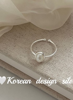 韩版 ins 风小众 S925 纯银椭圆珍珠戒指女开口可调节银饰指环