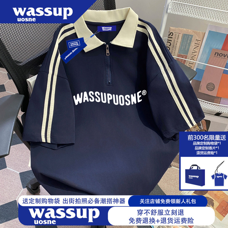 WASSUP UOSNE特大码300斤美式高街潮牌polo领短袖t恤男士夏季上衣